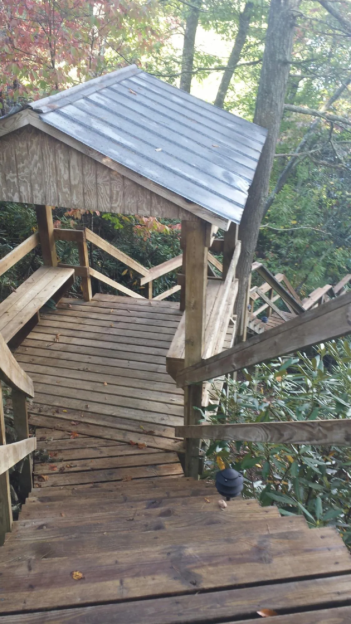 Metal roofed shelter over wooden steps on a wooded walkway — Skylight Repair & Installation work by our crew in Claxton